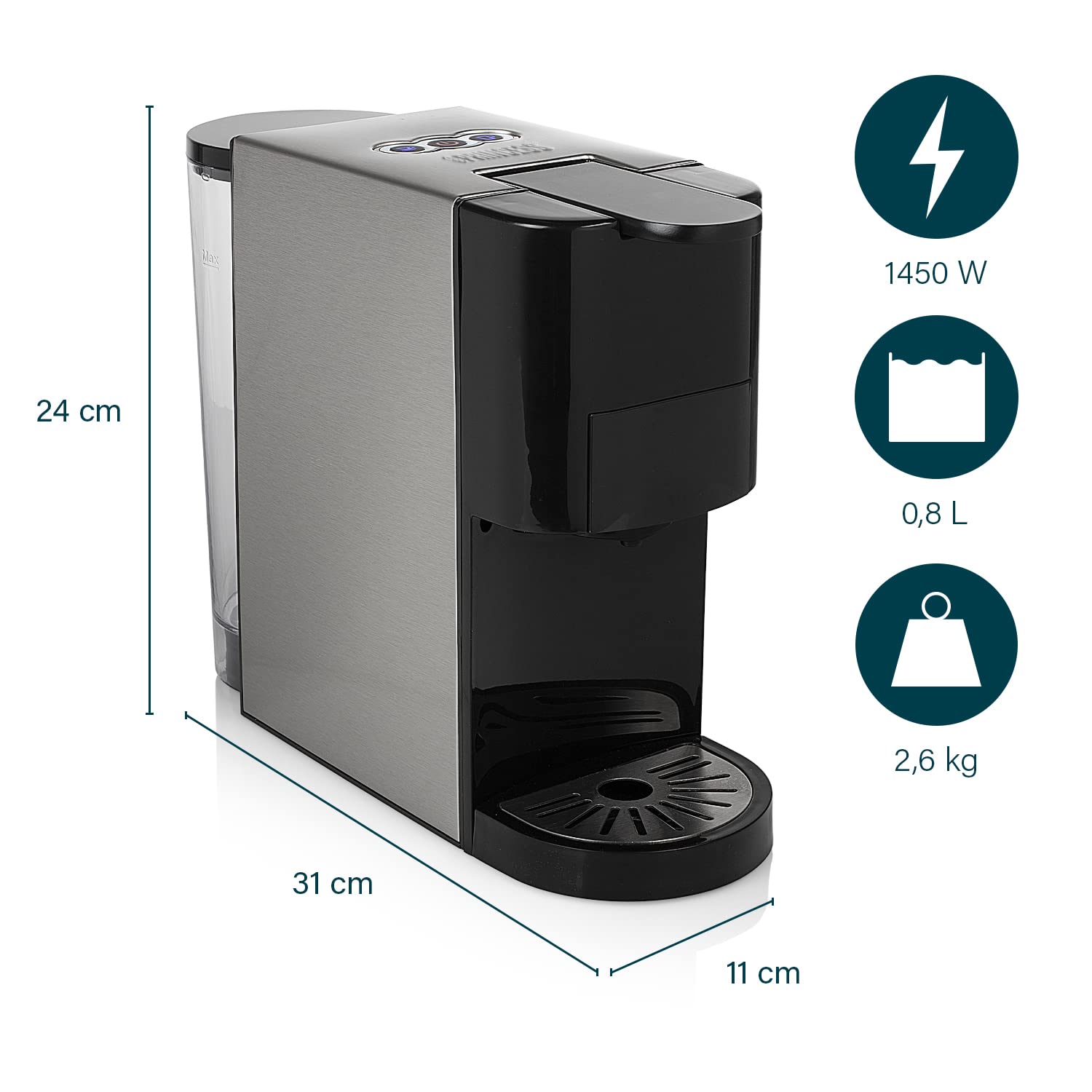 Machine à café multi-capsules 4 en 1 – Capsules, dosettes, café moulu – 800 ml – 1450 W – Noir et argent