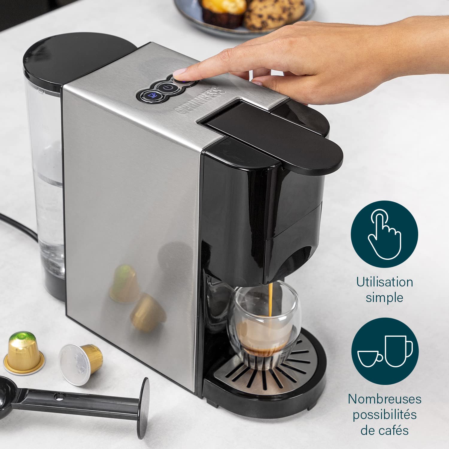 Machine à café multi-capsules 4 en 1 – Capsules, dosettes, café moulu – 800 ml – 1450 W – Noir et argent