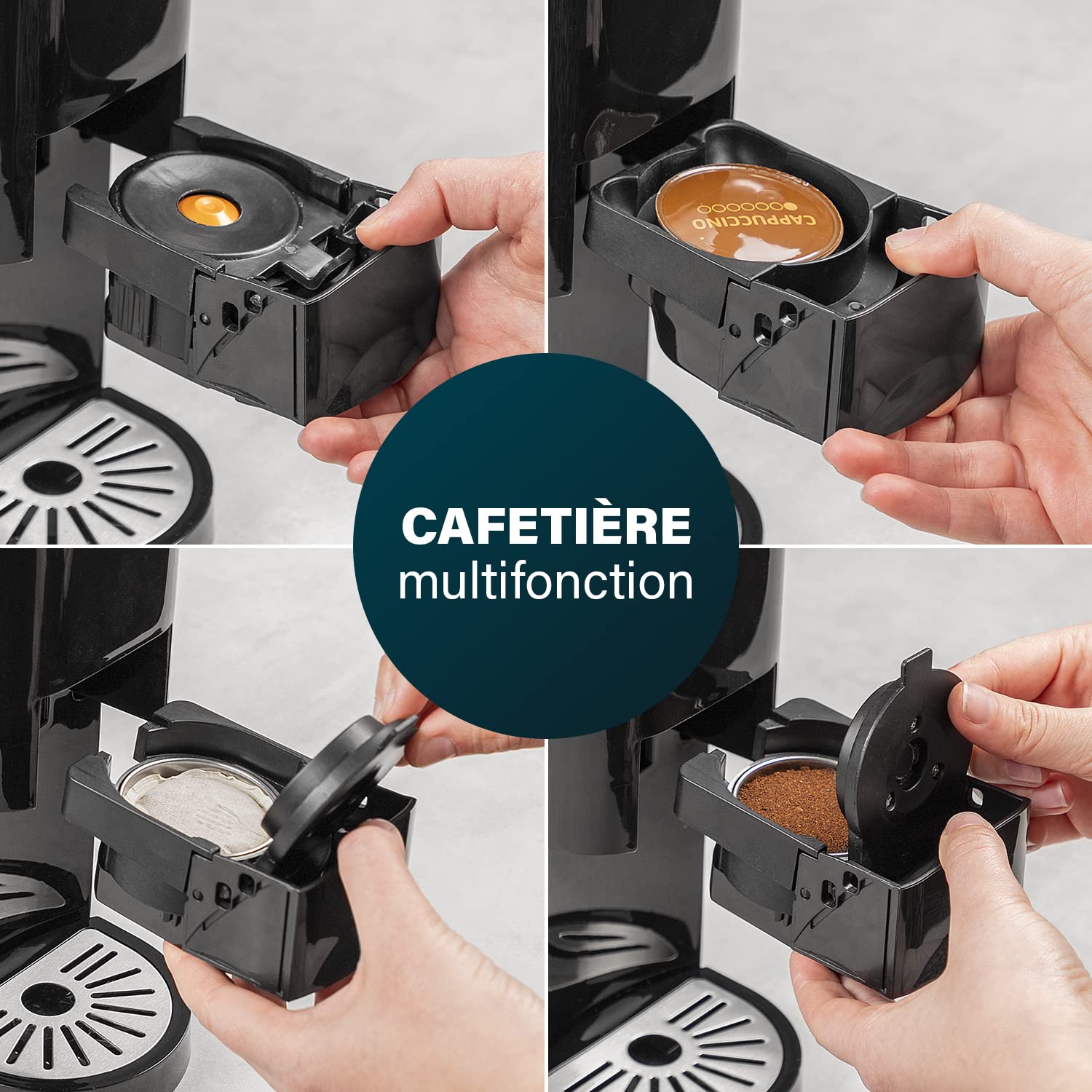 Machine à café multi-capsules 4 en 1 – Capsules, dosettes, café moulu – 800 ml – 1450 W – Noir et argent