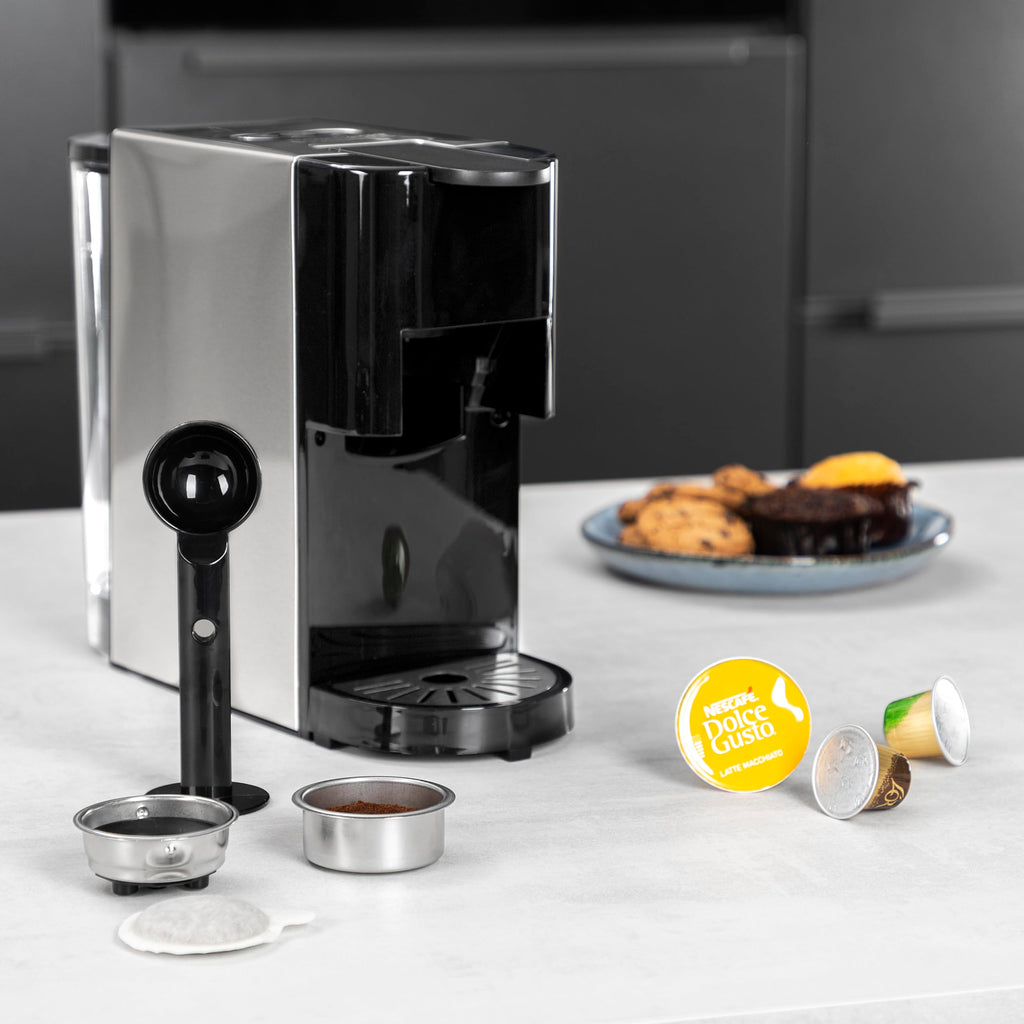 Machine à café multi-capsules 4 en 1 – Capsules, dosettes, café moulu – 800 ml – 1450 W – Noir et argent